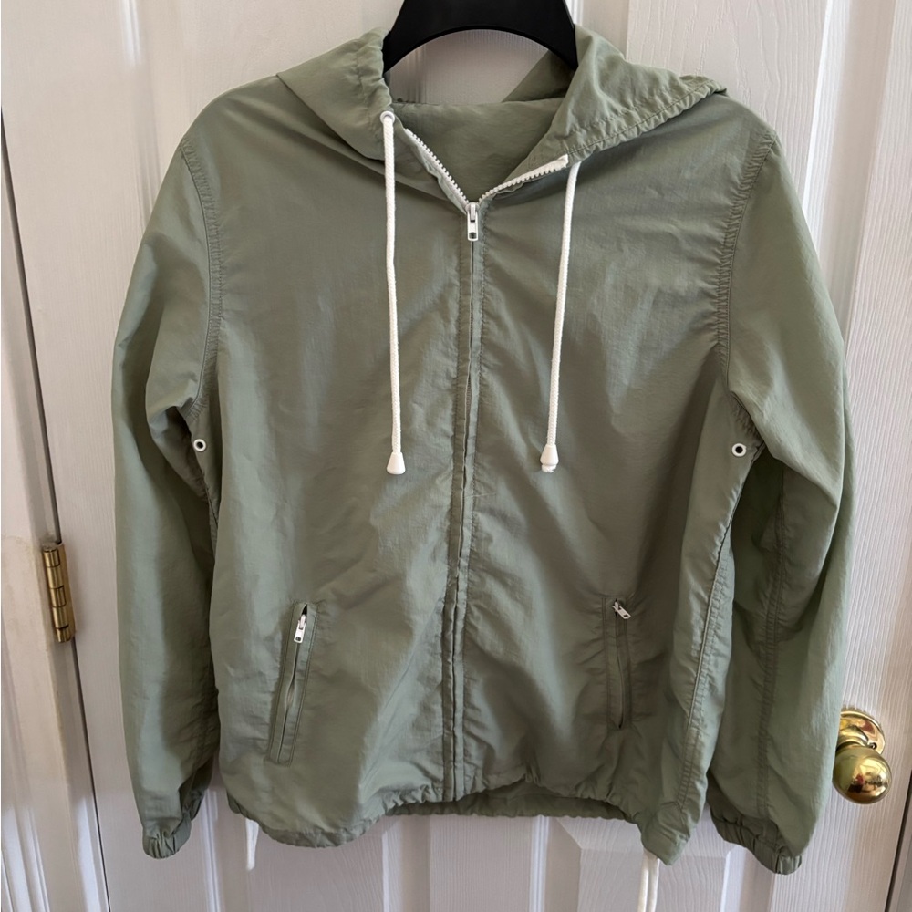 Light Sage Hooded Windbreaker Jacket with Drawstring